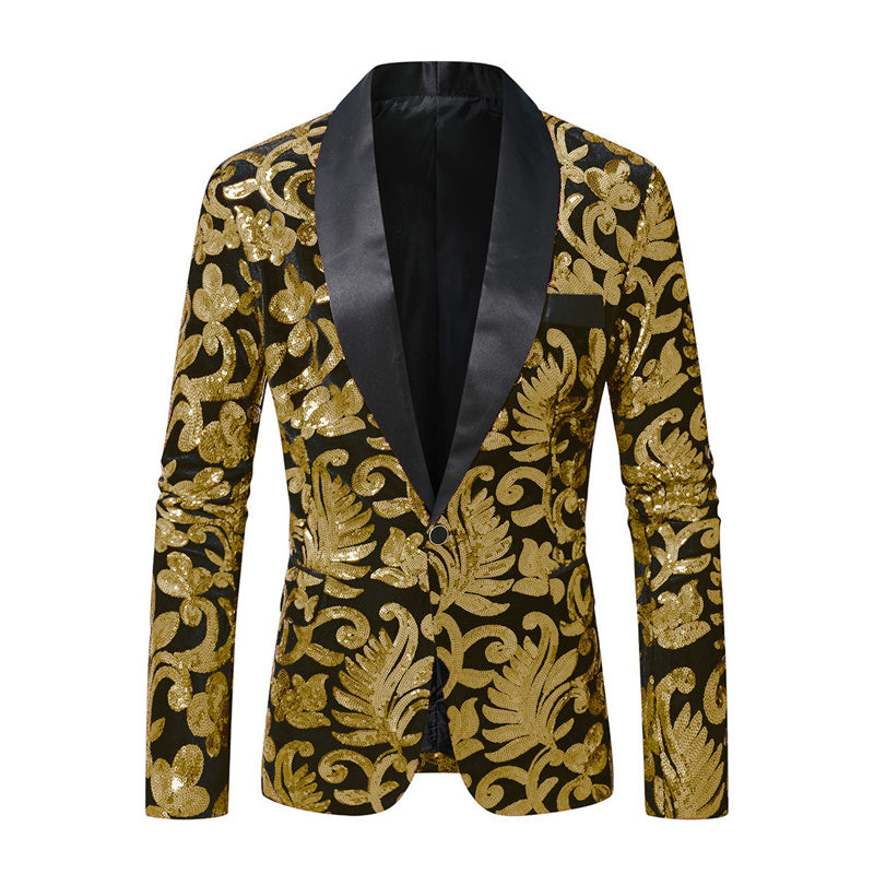 Men Prom Party Luxury Flower Sequin Suit One Button Jacket Men Blazer - Tophatter Daily Deals