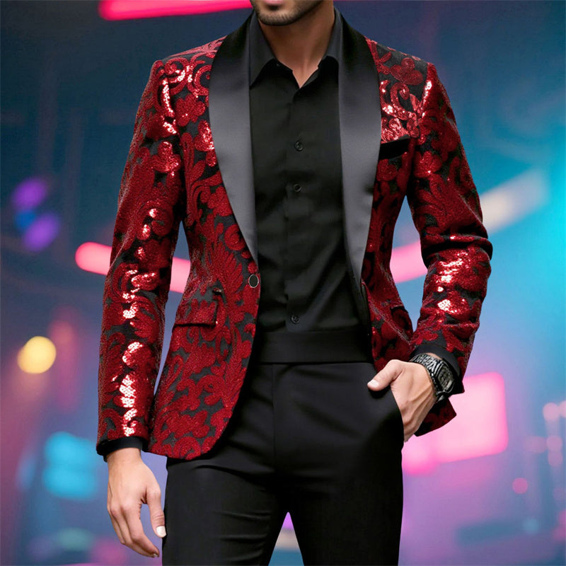 Men Prom Party Luxury Flower Sequin Suit One Button Jacket Men Blazer - Tophatter Daily Deals