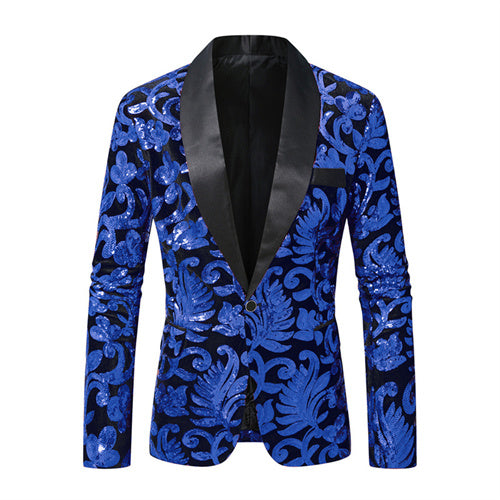 Men Prom Party Luxury Flower Sequin Suit One Button Jacket Blue Men Blazer - Tophatter Daily Deals