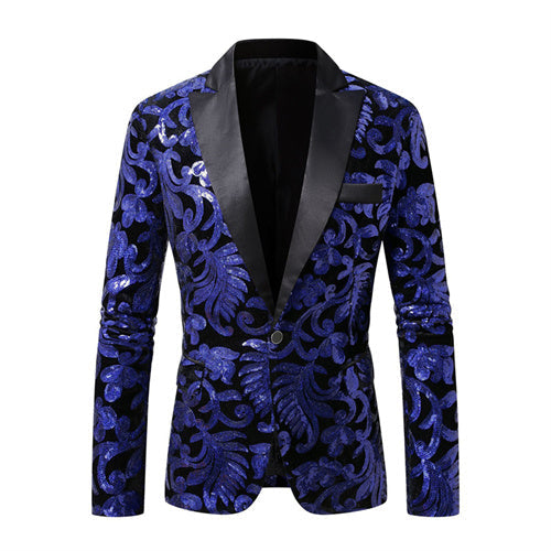 Men Prom Party Luxury Flower Sequin Suit One Button Jacket Navy Blue Men Blazer - Tophatter Daily Deals