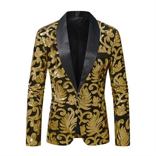 Men Prom Party Luxury Flower Sequin Suit One Button Jacket Gold Men Blazer - Tophatter Daily Deals
