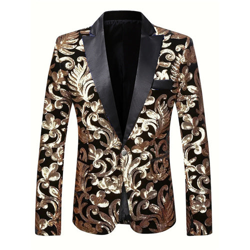 Men Prom Party Luxury Flower Sequin Suit One Button Jacket Golden Men Blazer - Tophatter Daily Deals