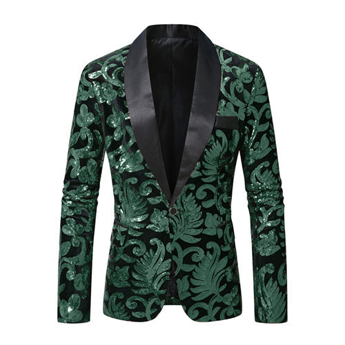 Men Prom Party Luxury Flower Sequin Suit One Button Jacket Green Men Blazer - Tophatter Daily Deals