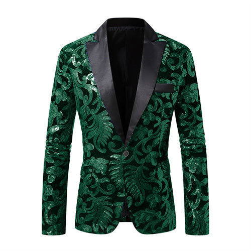 Men Prom Party Luxury Flower Sequin Suit One Button Jacket Deep Green Men Blazer - Tophatter Daily Deals