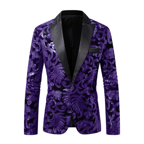 Men Prom Party Luxury Flower Sequin Suit One Button Jacket Deep Purple Men Blazer - Tophatter Daily Deals