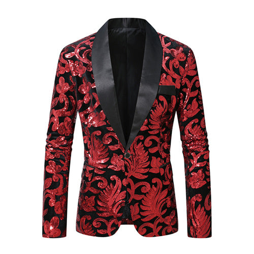 Men Prom Party Luxury Flower Sequin Suit One Button Jacket Red Men Blazer - Tophatter Daily Deals