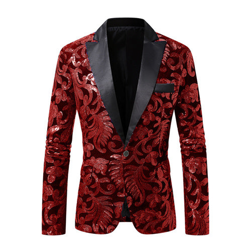 Men Prom Party Luxury Flower Sequin Suit One Button Jacket Wine Red Men Blazer - Tophatter Daily Deals