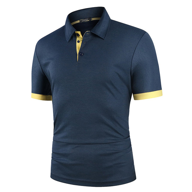 Men Shirt Short Sleeve Polo Shirt Navy Yellow Men T-Shirts - Tophatter Daily Deals