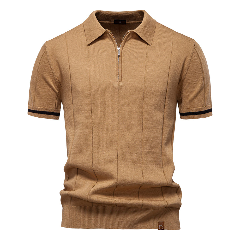 Men Solid Color Sport Zipper Polo Shirt Khaki Men's Clothing - Tophatter Daily Deals