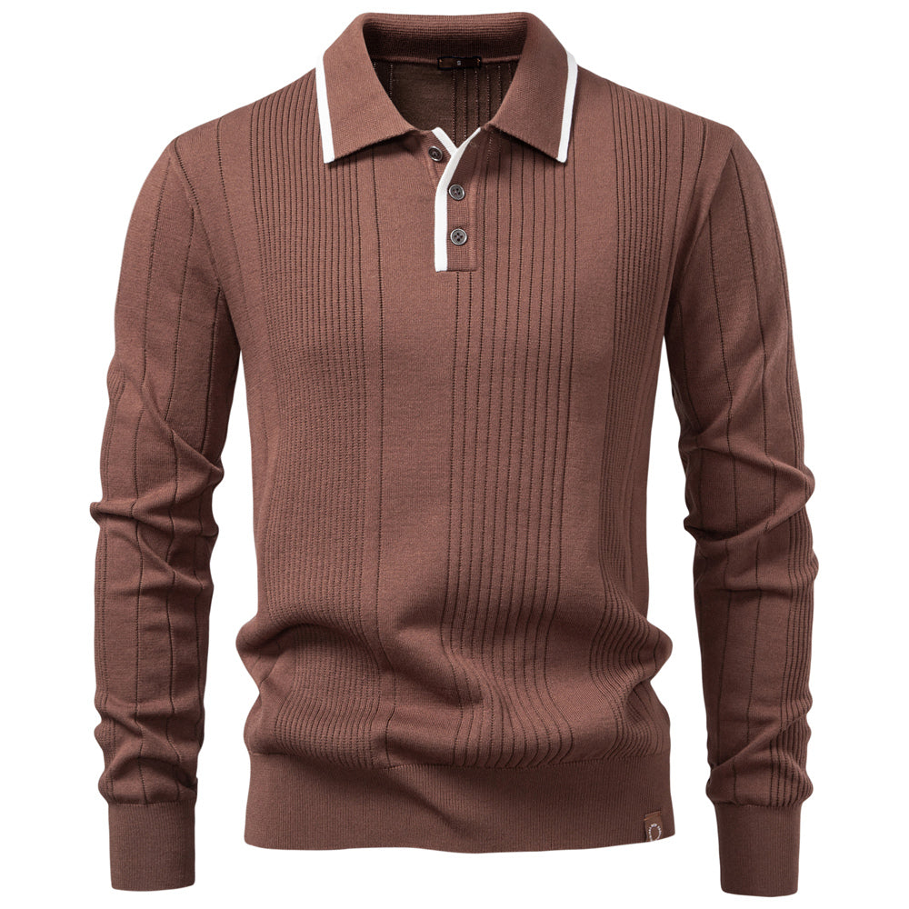 Men Stripe Long Sleeve Winter Business Polo Shirts Brown Men's Clothing - Tophatter Daily Deals