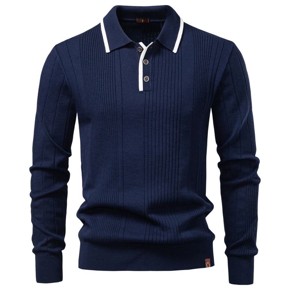 Men Stripe Long Sleeve Winter Business Polo Shirts Navy Blue Men's Clothing - Tophatter Daily Deals