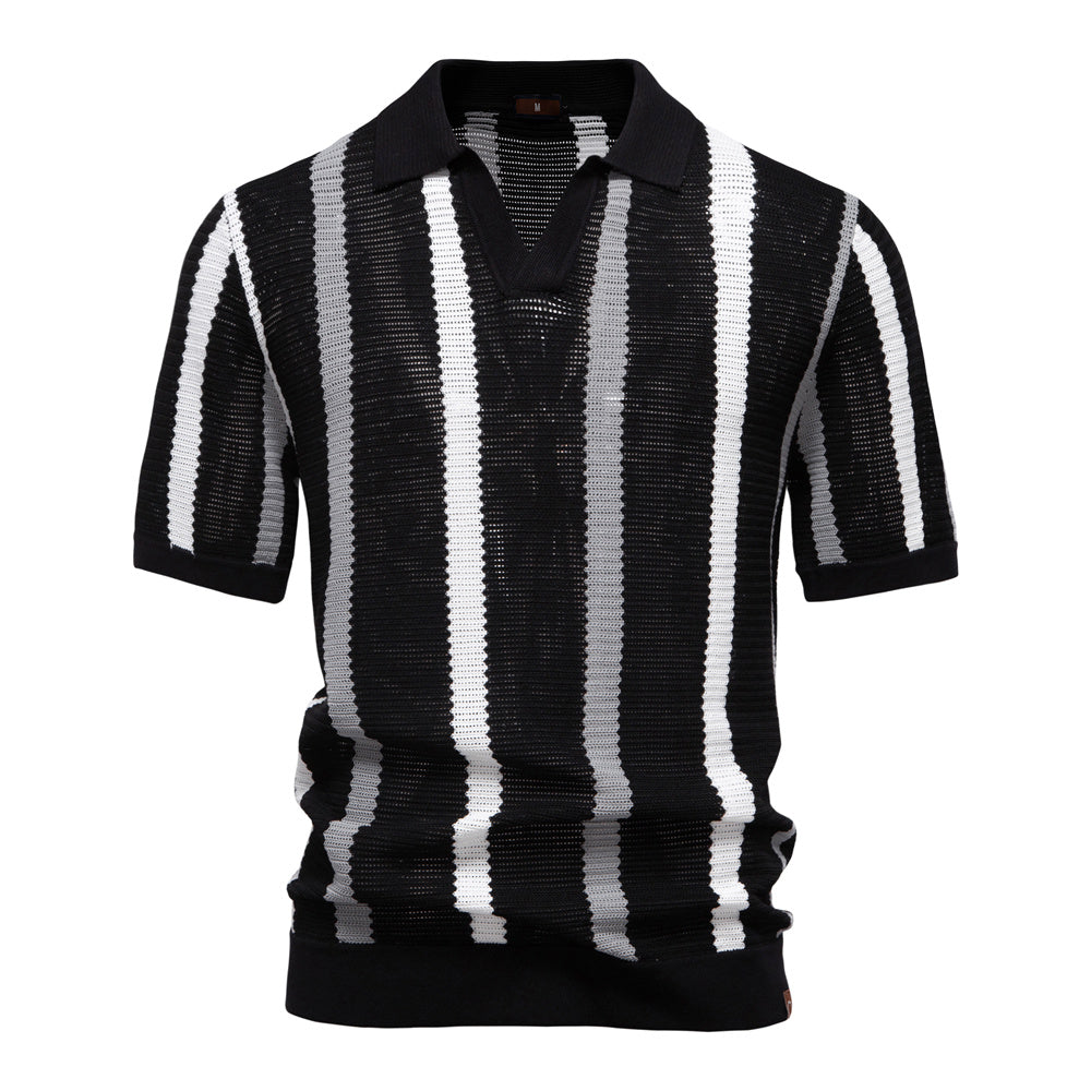 Men Striped Ribbed Knit Polo Shirt Black Men's Clothing - Tophatter Daily Deals