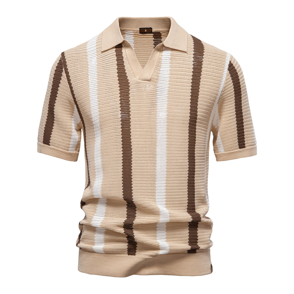 Men Striped Ribbed Knit Polo Shirt Khaki Men's Clothing - Tophatter Daily Deals
