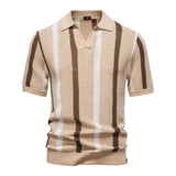 Men Striped Ribbed Knit Polo Shirt Khaki Men's Clothing - Tophatter Daily Deals