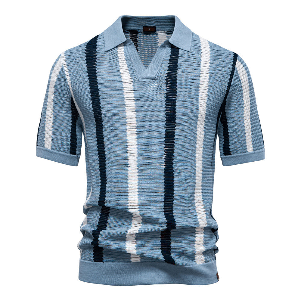 Men Striped Ribbed Knit Polo Shirt Blue Men's Clothing - Tophatter Daily Deals