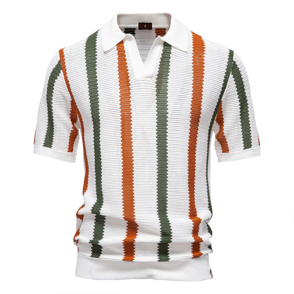 Men Striped Ribbed Knit Polo Shirt White Men's Clothing - Tophatter Daily Deals