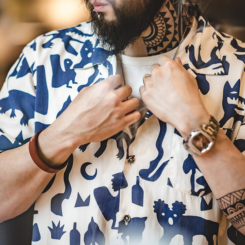 Men Vintage Short Sleeve Indian Totem Flower Shirts Blue And White Men's Clothing - Tophatter Daily Deals