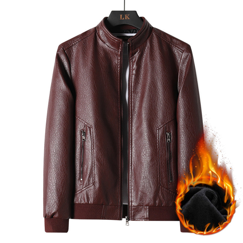 Men Winter Fleece Motorcycle Leather Overcoat Wine Red Coats & Jackets - Tophatter Daily Deals