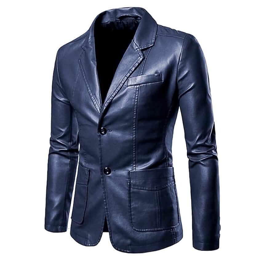 Men's Blazer Faux Leather Jacket Navy Men's Outerwear - Tophatter Daily Deals