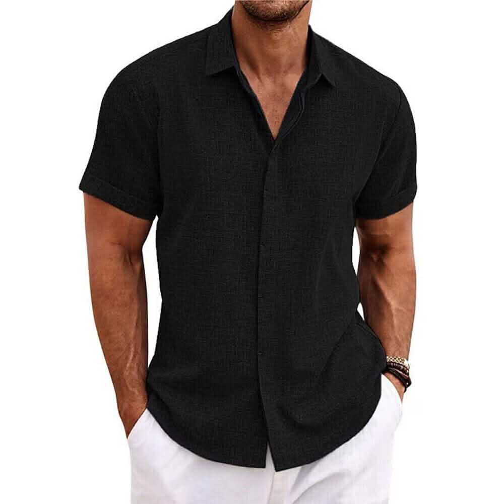 Men's Button Down Shirt Short Sleeve Plain Lapel Black Men's Tops - Tophatter Daily Deals
