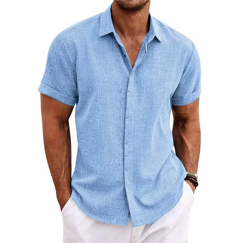 Men's Button Down Shirt Short Sleeve Plain Lapel Blue Men's Tops - Tophatter Daily Deals