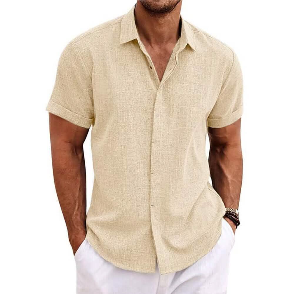 Men's Button Down Shirt Short Sleeve Plain Lapel Khaki Men's Tops - Tophatter Daily Deals