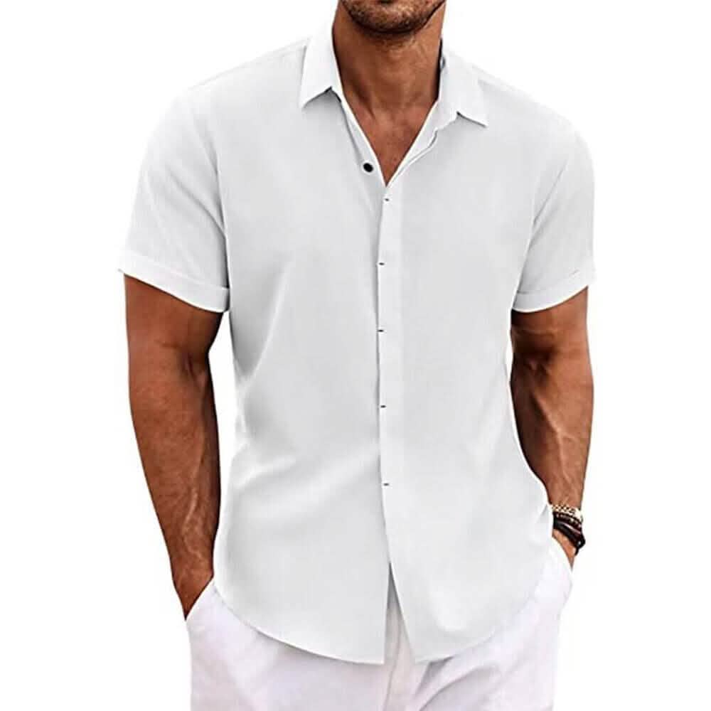 Men's Button Down Shirt Short Sleeve Plain Lapel White Men's Tops - Tophatter Daily Deals