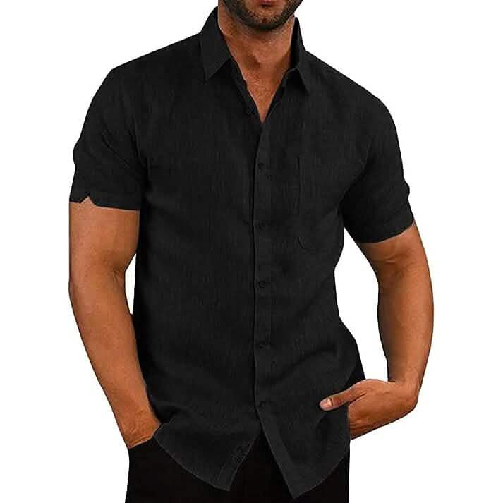 Mens Button Down Short Sleeve Linen Shirts Black Men's Tops - Tophatter Daily Deals