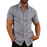 Mens Button Down Short Sleeve Linen Shirts Gray Men's Tops - Tophatter Daily Deals