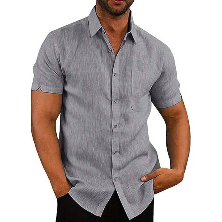Mens Button Down Short Sleeve Linen Shirts Gray Men's Tops - Tophatter Daily Deals