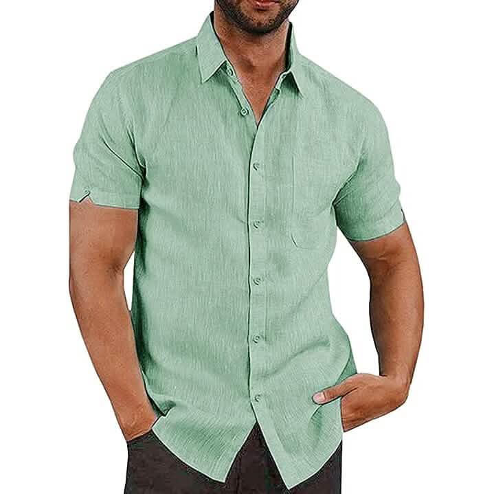 Mens Button Down Short Sleeve Linen Shirts Green Men's Tops - Tophatter Daily Deals