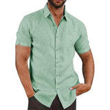 Mens Button Down Short Sleeve Linen Shirts Green Men's Tops - Tophatter Daily Deals