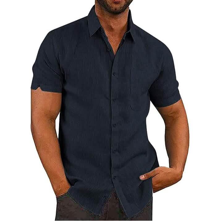 Mens Button Down Short Sleeve Linen Shirts Navy Men's Tops - Tophatter Daily Deals