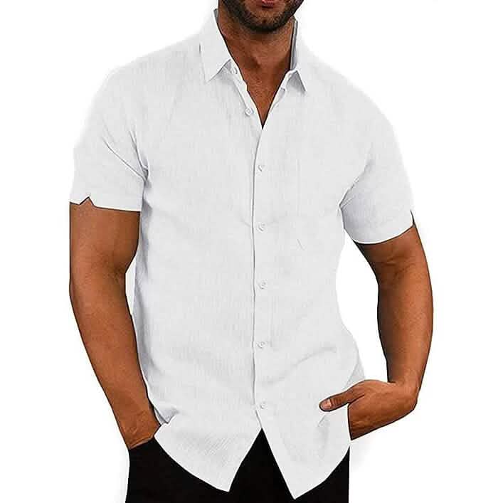 Mens Button Down Short Sleeve Linen Shirts White Men's Tops - Tophatter Daily Deals