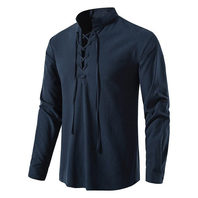 Men's Casual Blouse Cotton Linen Shirt Navy Men T-Shirts - Tophatter Daily Deals