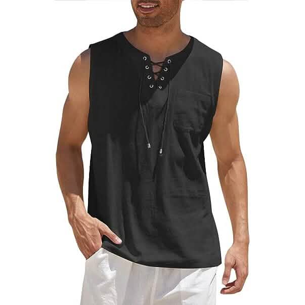 Men's Cotton Linen Tank Top Shirts Casual Sleeveless Lace Up Beach Hippie Tops Bohemian Renaissance Pirate Tunic Black Men's Tops - Tophatter Daily Deals