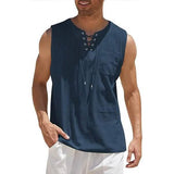 Men's Cotton Linen Tank Top Shirts Casual Sleeveless Lace Up Beach Hippie Tops Bohemian Renaissance Pirate Tunic Blue Men's Tops - Tophatter Daily Deals