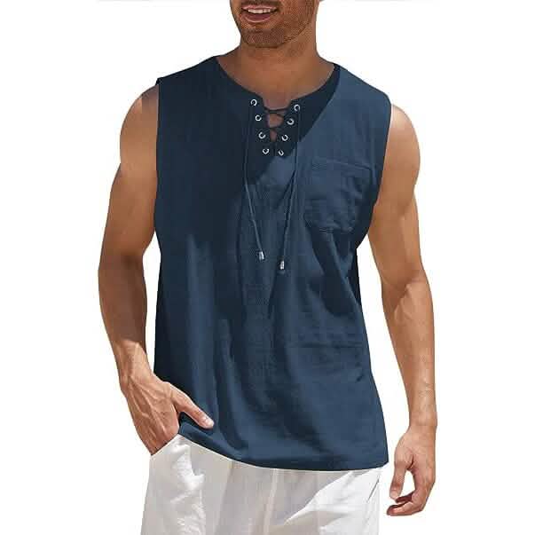 Men's Cotton Linen Tank Top Shirts Casual Sleeveless Lace Up Beach Hippie Tops Bohemian Renaissance Pirate Tunic Blue Men's Tops - Tophatter Daily Deals