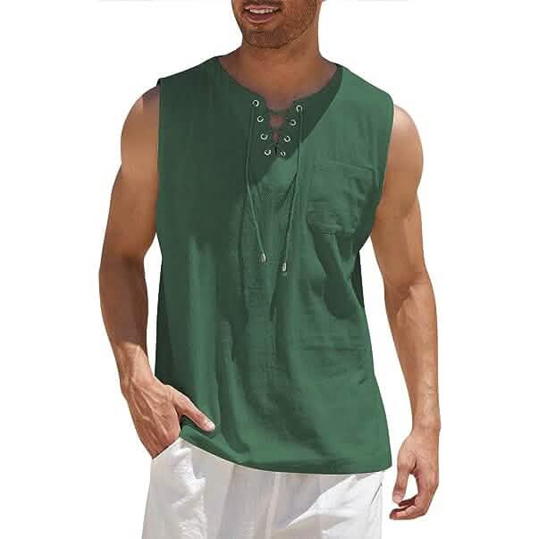 Men's Cotton Linen Tank Top Shirts Casual Sleeveless Lace Up Beach Hippie Tops Bohemian Renaissance Pirate Tunic Dark Green Men's Tops - Tophatter Daily Deals