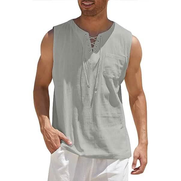 Men's Cotton Linen Tank Top Shirts Casual Sleeveless Lace Up Beach Hippie Tops Bohemian Renaissance Pirate Tunic Gray Men's Tops - Tophatter Daily Deals