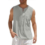 Men's Cotton Linen Tank Top Shirts Casual Sleeveless Lace Up Beach Hippie Tops Bohemian Renaissance Pirate Tunic Gray Men's Tops - Tophatter Daily Deals
