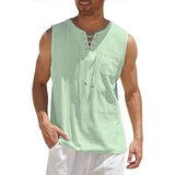 Men's Cotton Linen Tank Top Shirts Casual Sleeveless Lace Up Beach Hippie Tops Bohemian Renaissance Pirate Tunic Green Men's Tops - Tophatter Daily Deals