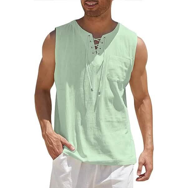 Men's Cotton Linen Tank Top Shirts Casual Sleeveless Lace Up Beach Hippie Tops Bohemian Renaissance Pirate Tunic Green Men's Tops - Tophatter Daily Deals