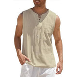 Men's Cotton Linen Tank Top Shirts Casual Sleeveless Lace Up Beach Hippie Tops Bohemian Renaissance Pirate Tunic Khaki Men's Tops - Tophatter Daily Deals