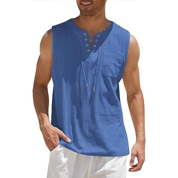 Men's Cotton Linen Tank Top Shirts Casual Sleeveless Lace Up Beach Hippie Tops Bohemian Renaissance Pirate Tunic Royal Blue Men's Tops - Tophatter Daily Deals