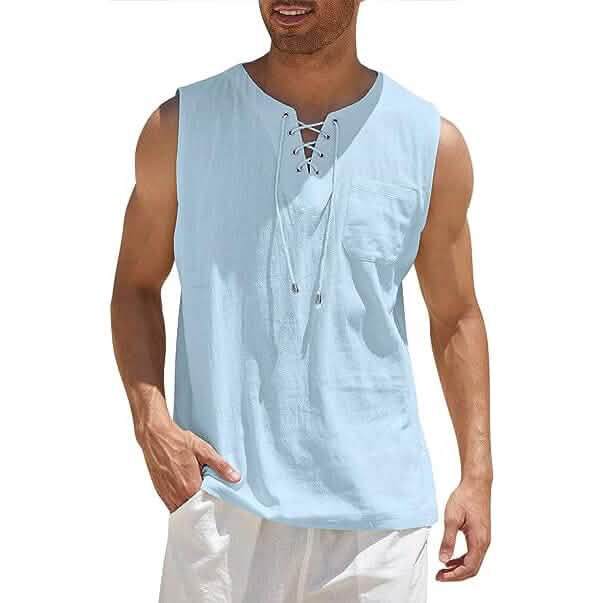 Men's Cotton Linen Tank Top Shirts Casual Sleeveless Lace Up Beach Hippie Tops Bohemian Renaissance Pirate Tunic Sky Blue Men's Tops - Tophatter Daily Deals