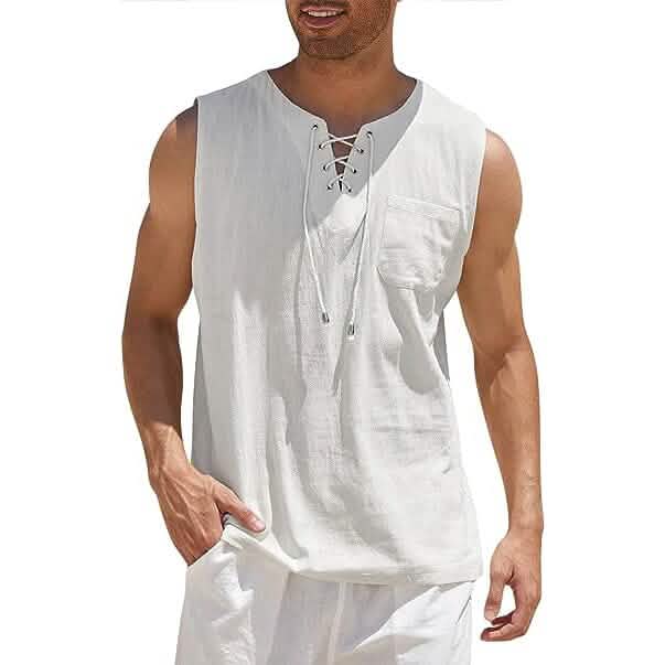 Men's Cotton Linen Tank Top Shirts Casual Sleeveless Lace Up Beach Hippie Tops Bohemian Renaissance Pirate Tunic White Men's Tops - Tophatter Daily Deals