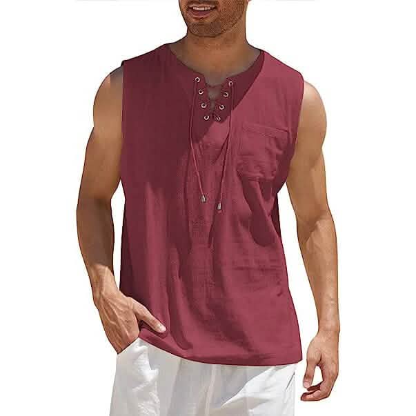 Men's Cotton Linen Tank Top Shirts Casual Sleeveless Lace Up Beach Hippie Tops Bohemian Renaissance Pirate Tunic Wine Red Men's Tops - Tophatter Daily Deals