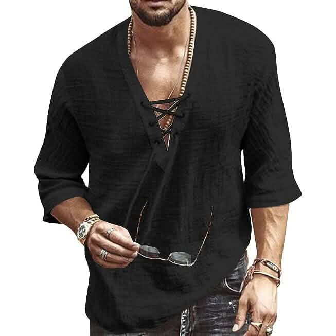 Men's Fashion Shirt Short Sleeve Beach V-Neck Drawstring Black Men's Tops - Tophatter Daily Deals