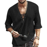 Men's Fashion Shirt Short Sleeve Beach V-Neck Drawstring Black Men's Tops - Tophatter Daily Deals